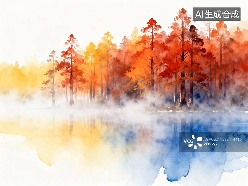 【AI数字艺术】秋天湖畔雾气缭绕的水杉林图片素材