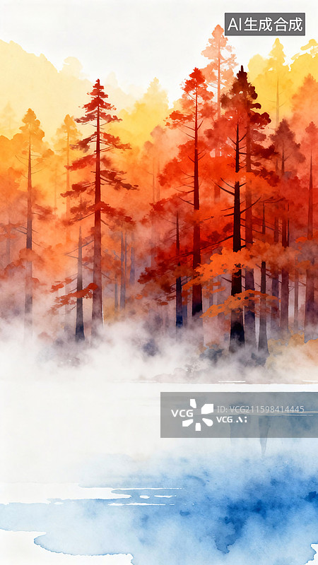 【AI数字艺术】秋天湖畔雾气缭绕的水杉林图片素材