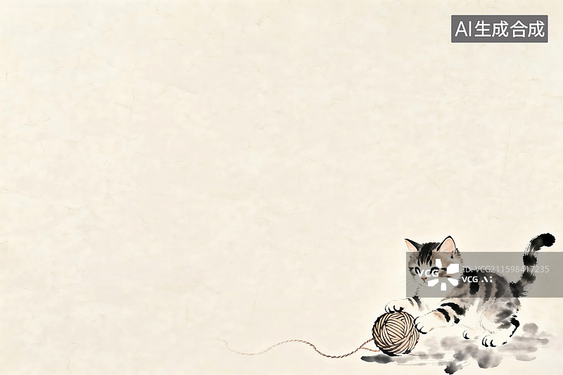 【AI数字艺术】传统水墨画风格的可爱猫咪玩线团图片素材