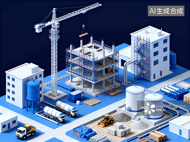 【AI数字艺术】等距 3D 渲染建筑施工场景 工程设备与建筑模型图片素材