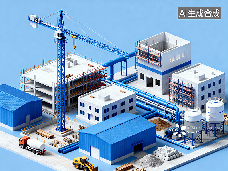 【AI数字艺术】等距 3D 渲染建筑施工场景 工程设备与建筑模型图片素材