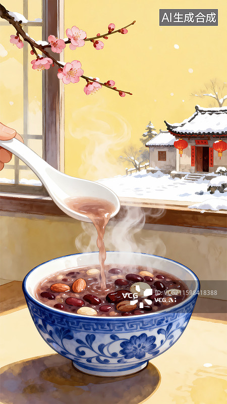 【AI数字艺术】腊八节八宝粥腊八粥汤匙插画图片素材