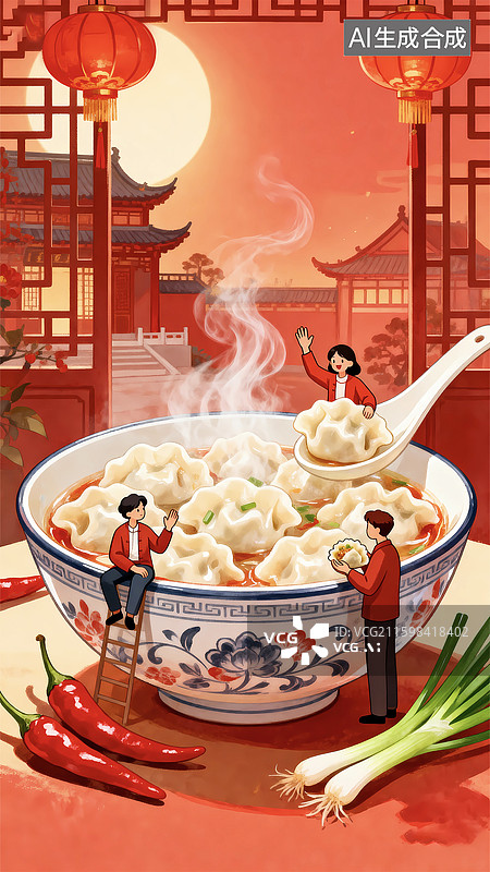 【AI数字艺术】喜庆团圆年夜饭饺子国潮插画图片素材
