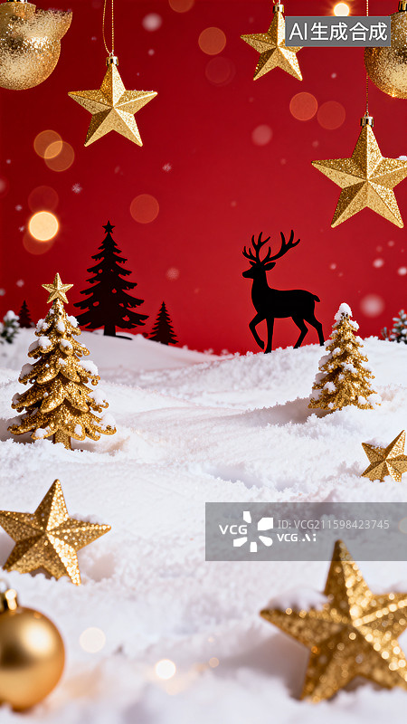 【AI数字艺术】圣诞节金色装饰雪地场景图片素材