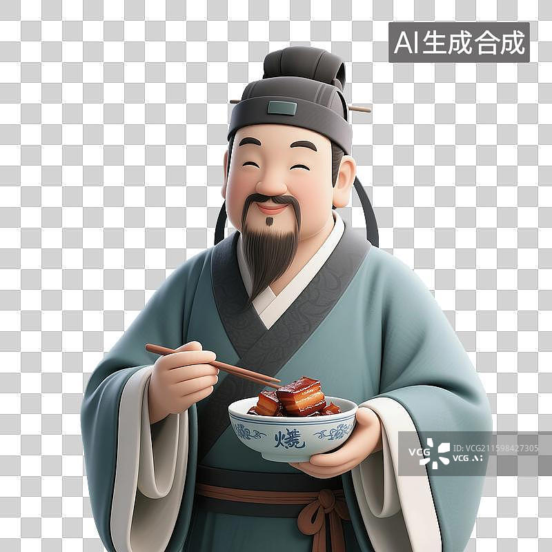 【AI数字艺术】3D渲染中国风古代卡通人物，苏东坡，苏轼，手里拿着东坡肉，中华美食免抠元素图片素材