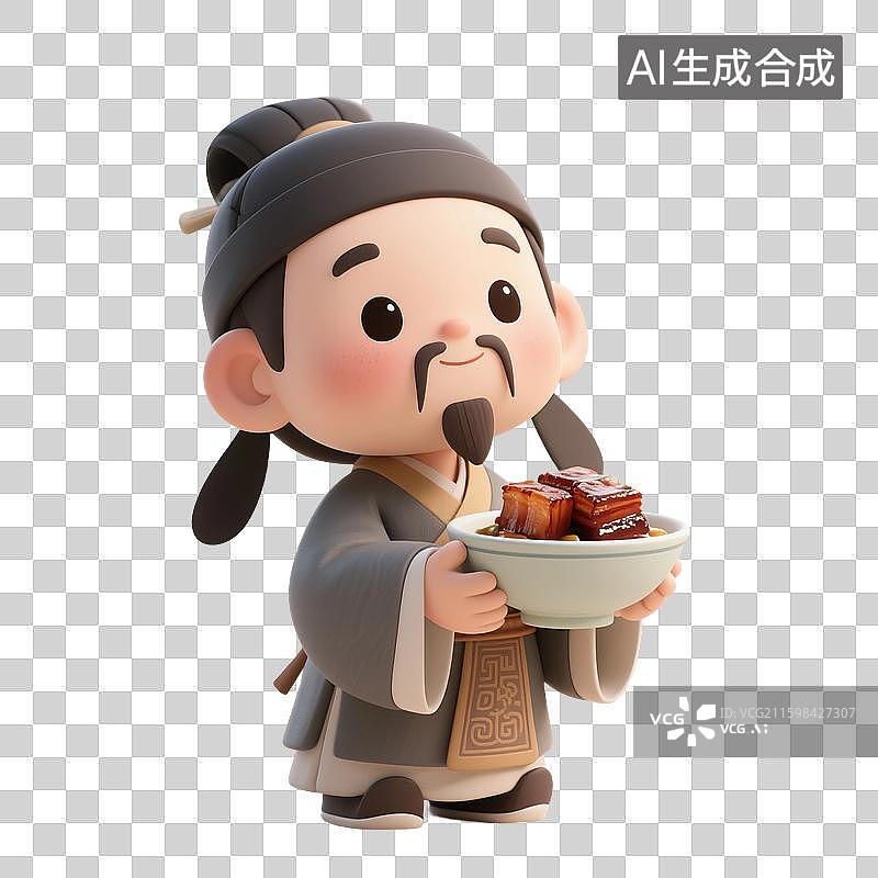 【AI数字艺术】3D渲染中国风古代卡通人物，苏东坡，苏轼，手里拿着东坡肉，中华美食免抠元素图片素材