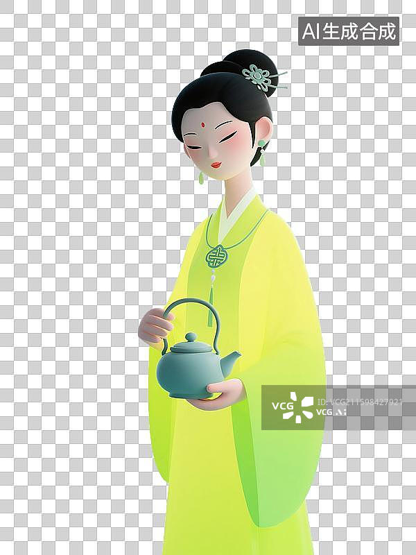 【AI数字艺术】3D渲染中国风人物插画，一个穿着古代服饰的女性正在泡茶，茶壶，传统服饰，茶文化，茶道，茶艺，免抠元素图片素材