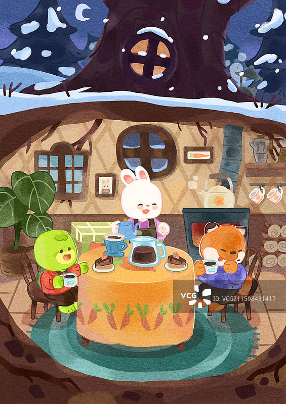 卡通冬季过冬树洞动物聚会儿童插画图片素材
