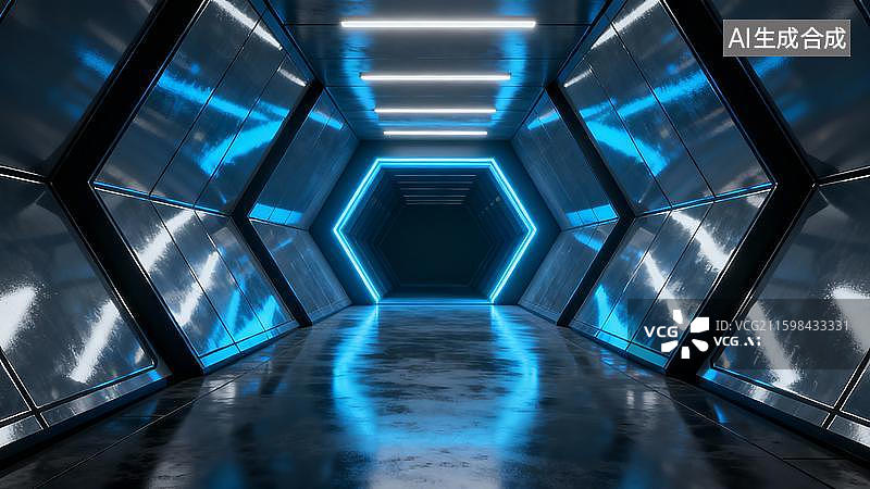 【AI数字艺术】舞台舞蹈背景，时光隧道科技风，蓝色发光抽象六边形纹理组成的隧道空间图片素材