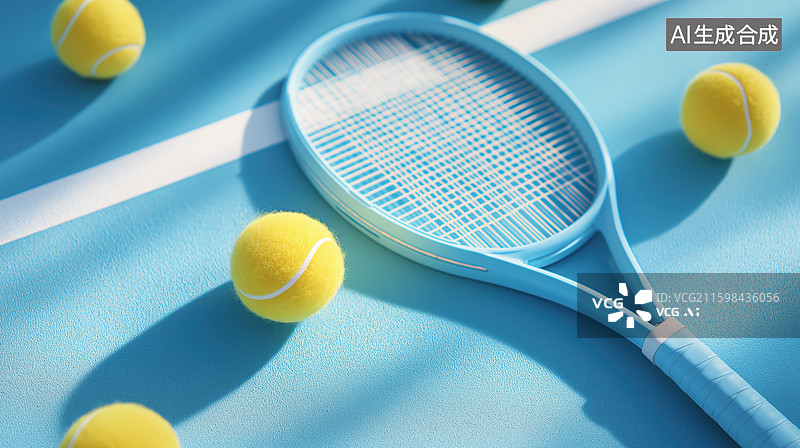 【AI数字艺术】网球拍与网球置于蓝色场地图片素材