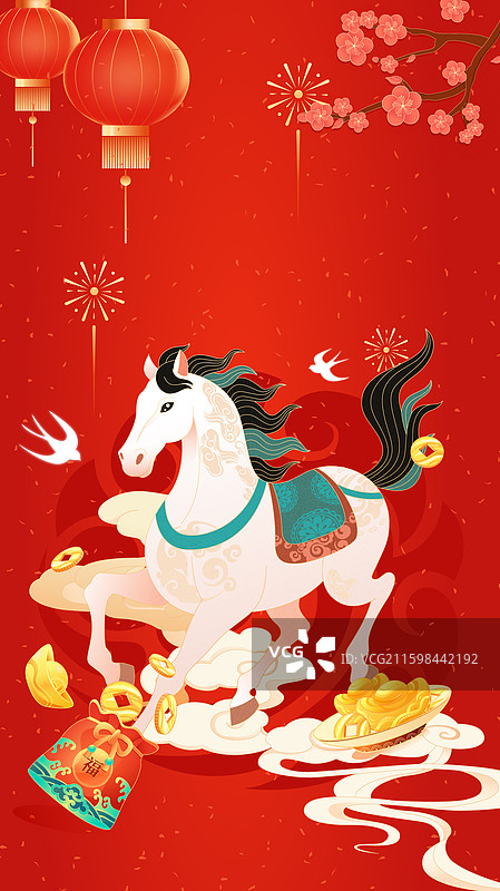 国风2026马年十二生肖骏马奔腾插画图片素材