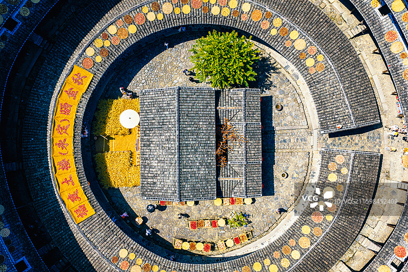 初溪土楼群晒秋福建永定土楼全景航拍高质量图片素材