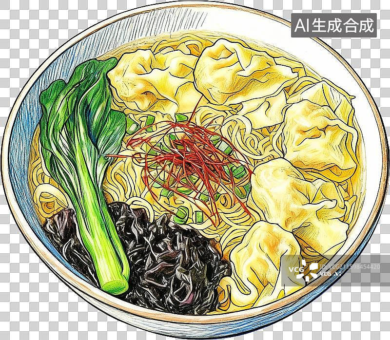 【AI数字艺术】彩铅水彩漫画线条速写美食馄饨面条汤图片素材