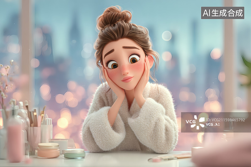 【AI数字艺术】窗外的城市夜景，美女坐在梳妆台前卸妆图片素材