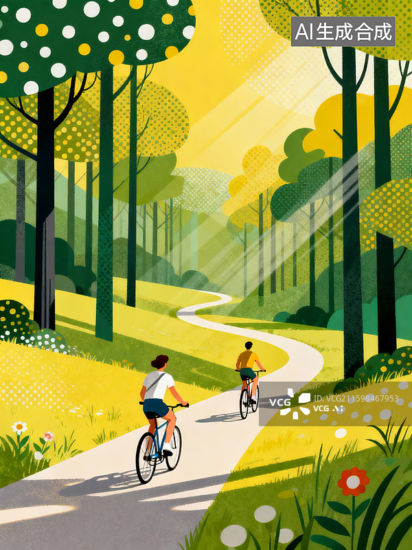 【AI数字艺术】插画，治愈风，黄绿色调树林，树木、森林、草地、自行车、两位骑行者、一男一女年轻人，蜿蜒小路，光影效果图片素材