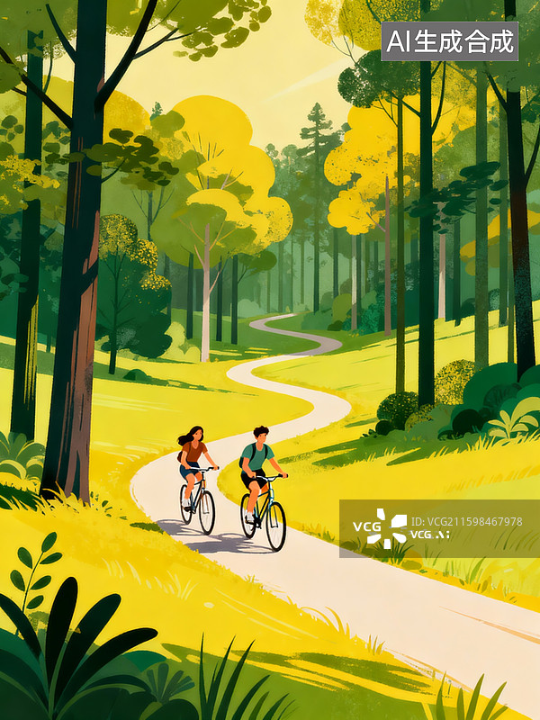 【AI数字艺术】插画，治愈风，黄绿色调树林，树木、森林、草地、自行车、两位骑行者、一男一女年轻人，蜿蜒小路，光影效果图片素材