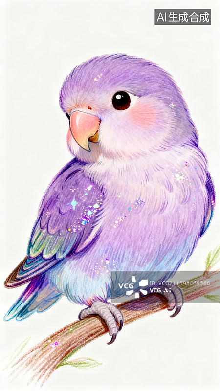 【AI数字艺术】手绘插画，水笔描线，带闪粉，一只紫罗兰牡丹鹦鹉，俏皮可爱图片素材