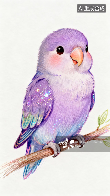 【AI数字艺术】手绘插画，水笔描线，带闪粉，一只紫罗兰牡丹鹦鹉，俏皮可爱图片素材