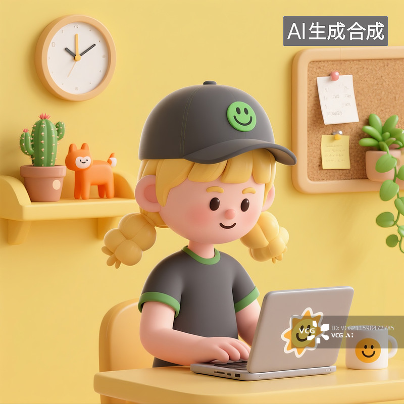 【AI数字艺术】3D 渲染图像，一个卡通女孩，她有着金色的双马尾，戴着一顶深灰色的棒球帽，专注的对着电脑认真工作学习图片素材