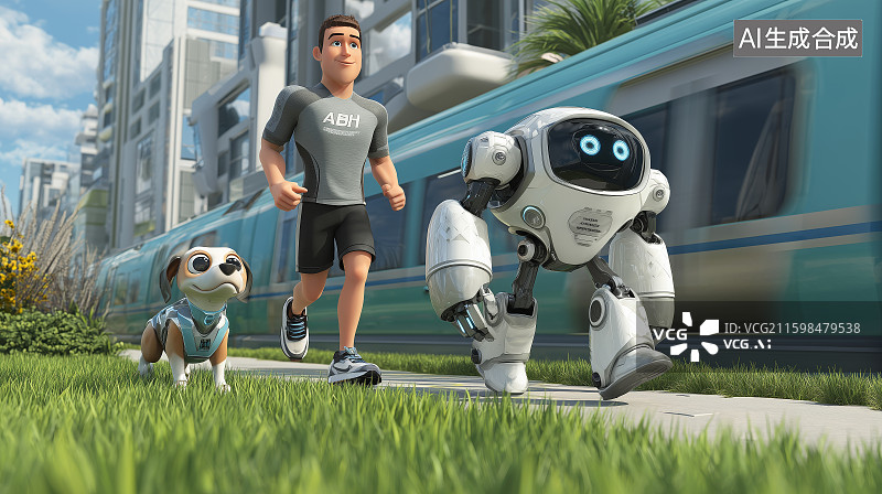 【AI数字艺术】机器人陪青年男人跑步图片素材