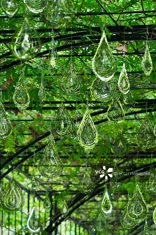 上海复兴公园夏季绿色紫藤长廊水滴艺术品装置图片素材