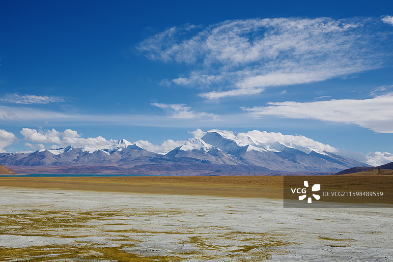 阿里无人区荒凉的鬼湖拉昂错与纳木那尼峰雪山图片素材