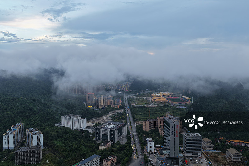 航拍广西凭祥市晨雾风光图片素材