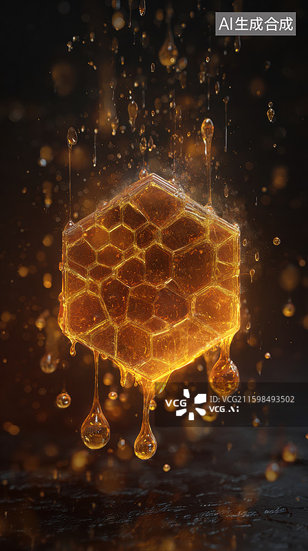【AI数字艺术】蜂巢滴落蜂蜜特写图片素材