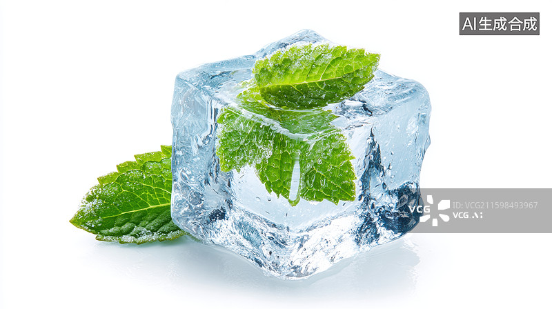 【AI数字艺术】冰块中的薄荷叶图片素材
