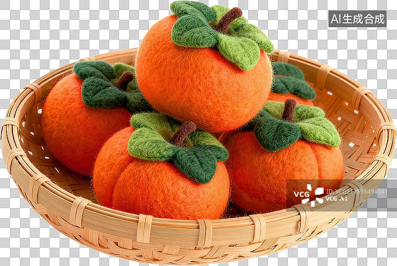 【AI数字艺术】毛毡毛绒质感3d立体秋天元素竹篮子里装柿子图片素材