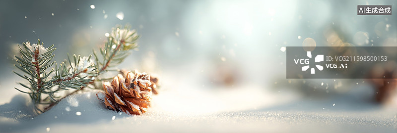 【AI数字艺术】雪上的松枝松果图片素材