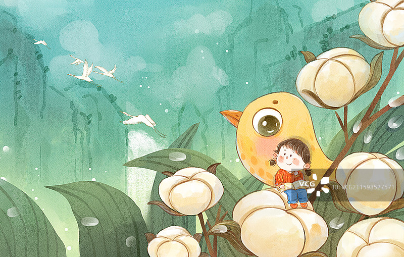 手绘水彩白露节气水彩棉花女孩与鸟可爱治愈系横图插画图片素材