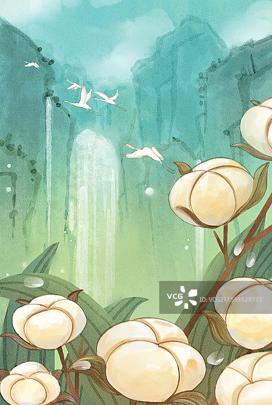 手绘水彩白露节气水彩棉花山水小清新竖图背景图片素材