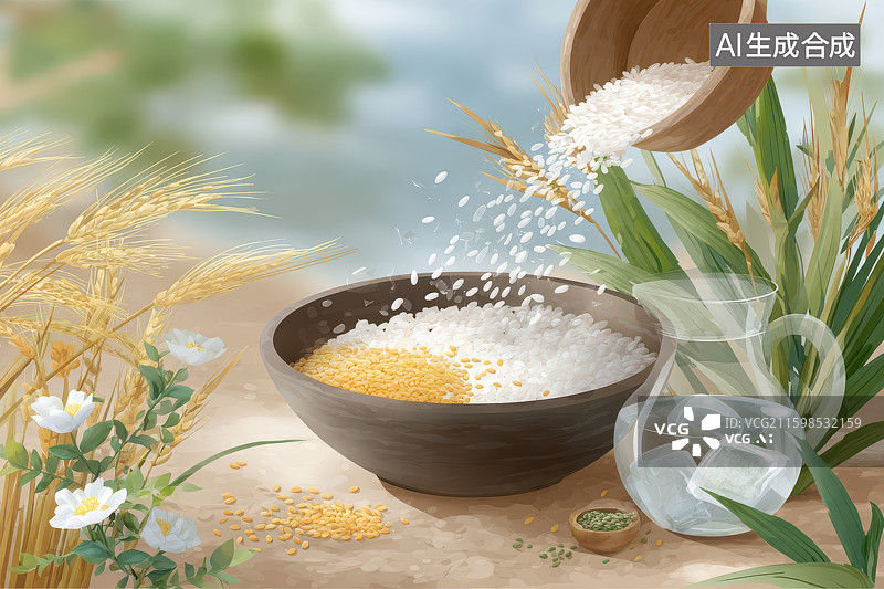 【AI数字艺术】田园谷物白米碗碟花朵自然静物插画图片素材