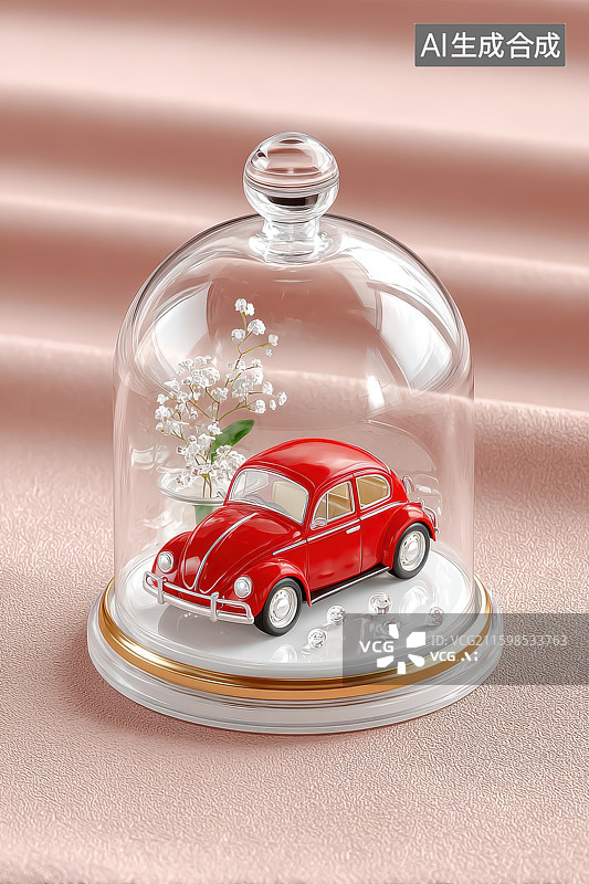 【AI数字艺术】甲壳虫汽车玻璃钟罩干花装饰静物图片素材