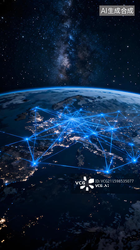 【AI数字艺术】地球夜景与全球网络连接图片素材