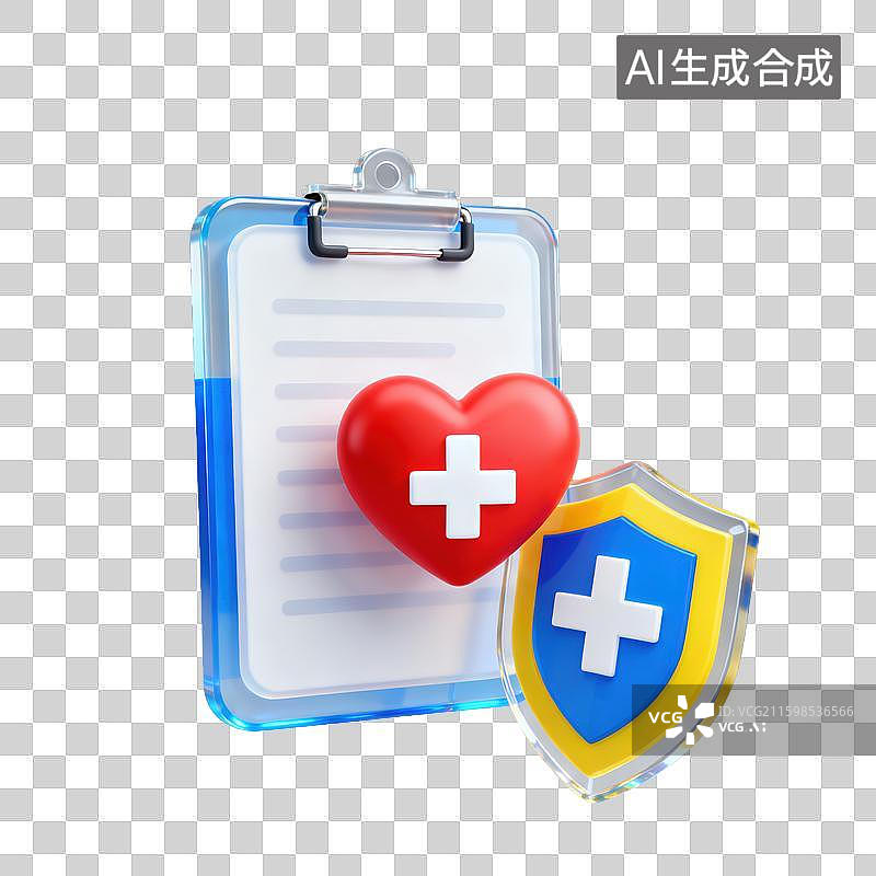 【AI数字艺术】3D三维透明玻璃材质盾牌红十字红心文件办公夹板保险社会保障安全元素图片素材