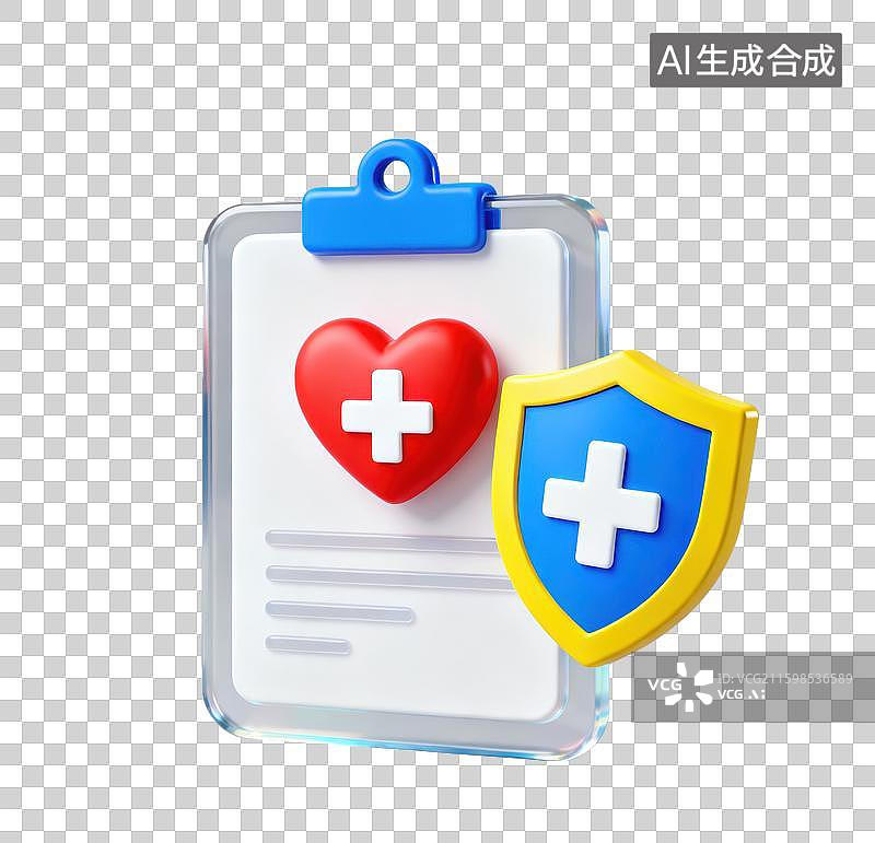 【AI数字艺术】3D三维透明玻璃材质盾牌红十字红心文件办公夹板保险社会保障安全元素图片素材