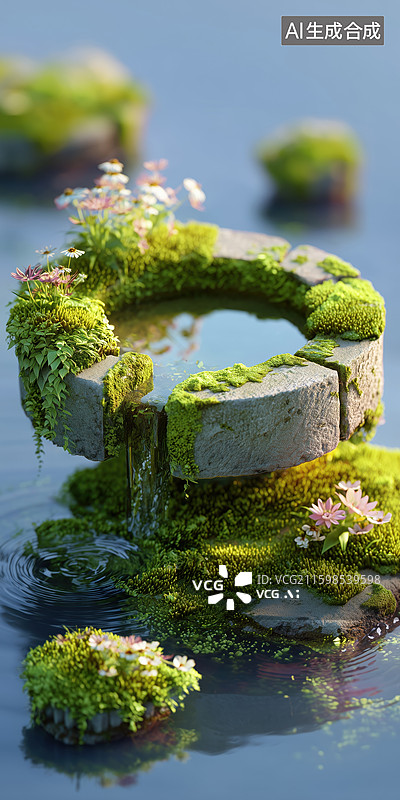 【AI数字艺术】清新古朴水中长满青苔的古井水井3D卡通立体背景图片素材