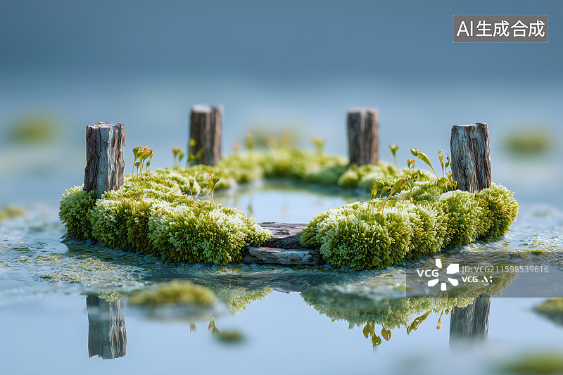 【AI数字艺术】清新古朴水中长满青苔的古井水井3D卡通立体背景图片素材