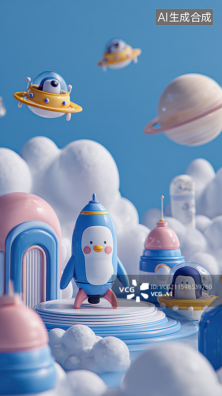 【AI数字艺术】卡通企鹅与飞碟的梦幻场景图片素材