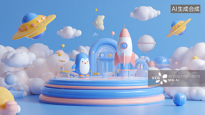 【AI数字艺术】卡通宇宙场景与企鹅图片素材