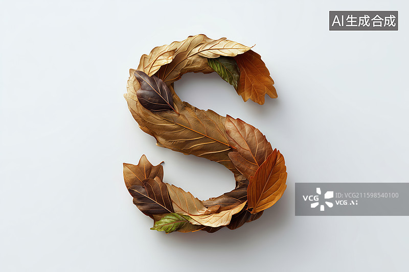 【AI数字艺术】秋天枯黄树叶组成的英文大写字母S图案扁平背景插画图片素材