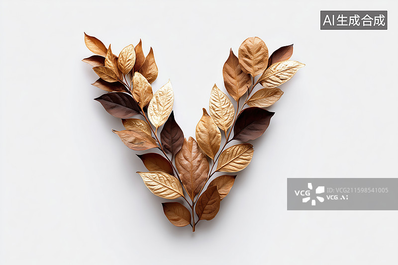 【AI数字艺术】秋天枯黄树叶组成的英文大写字母V图案扁平背景插画图片素材