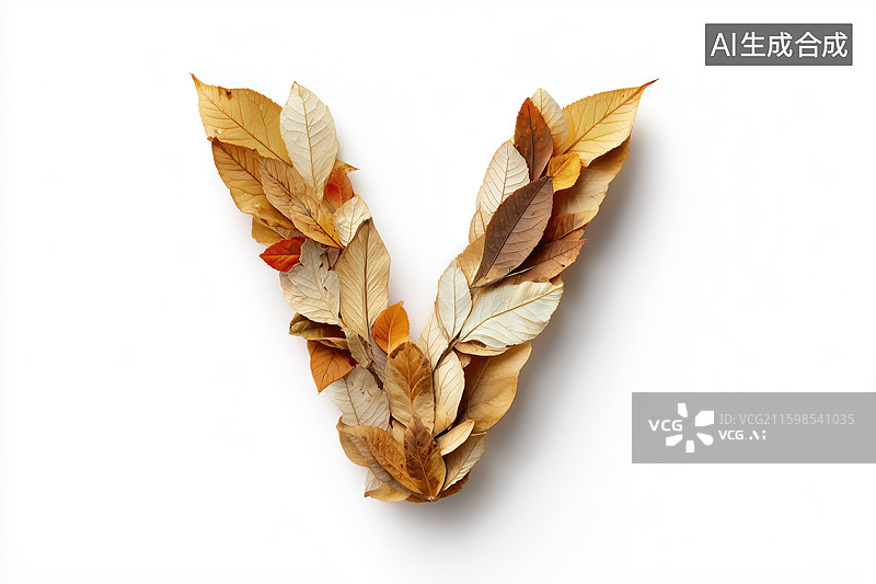 【AI数字艺术】秋天枯黄树叶组成的英文大写字母V图案扁平背景插画图片素材
