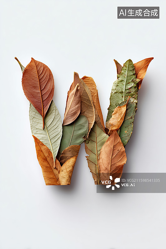 【AI数字艺术】秋天枯黄树叶组成的英文大写字母W图案扁平背景插画图片素材
