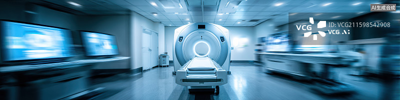 【AI数字艺术】未来主义放射室先进人工智能驱动核磁共振扫描仪时尚白色蓝色新质生产力高速运动模糊人工智能技术医学应用图片素材