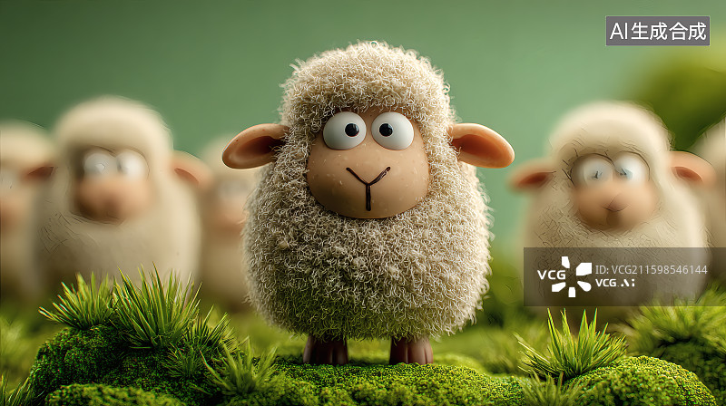 【AI数字艺术】草地上可爱的绵羊玩具图片素材