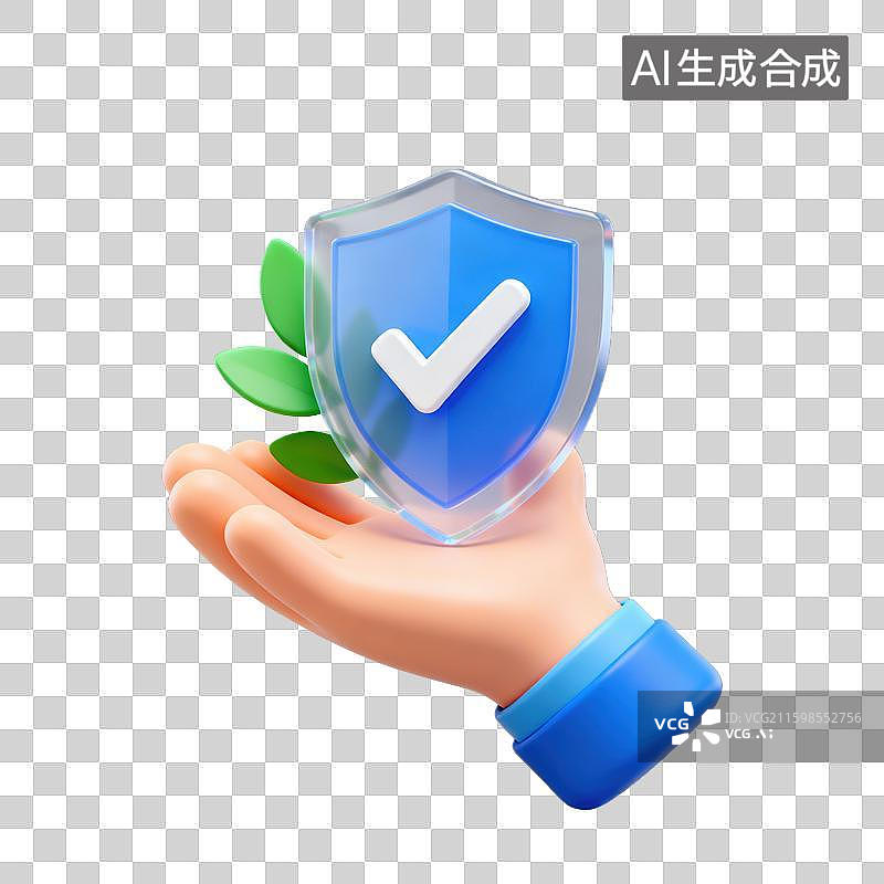 【AI数字艺术】3D三维透明玻璃材质手拖盾牌保险社会保障元素图片素材