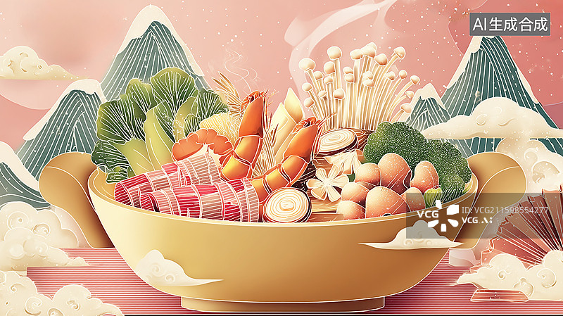 【AI数字艺术】国潮火锅食材插画图片素材